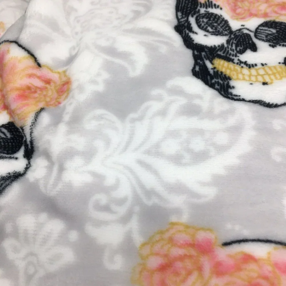 Halloween Sugar Skull Pink Floral Throw Blanket MicroFleece Gray Day Dead 60x70